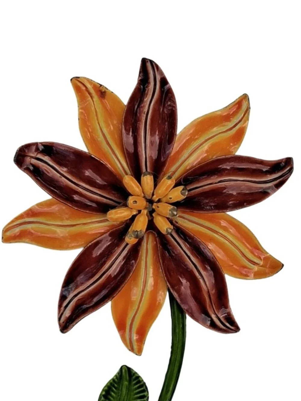 VTG 1960s Enamel Flower Power Brooch Orange Brown Tiger Lily Stem Pin